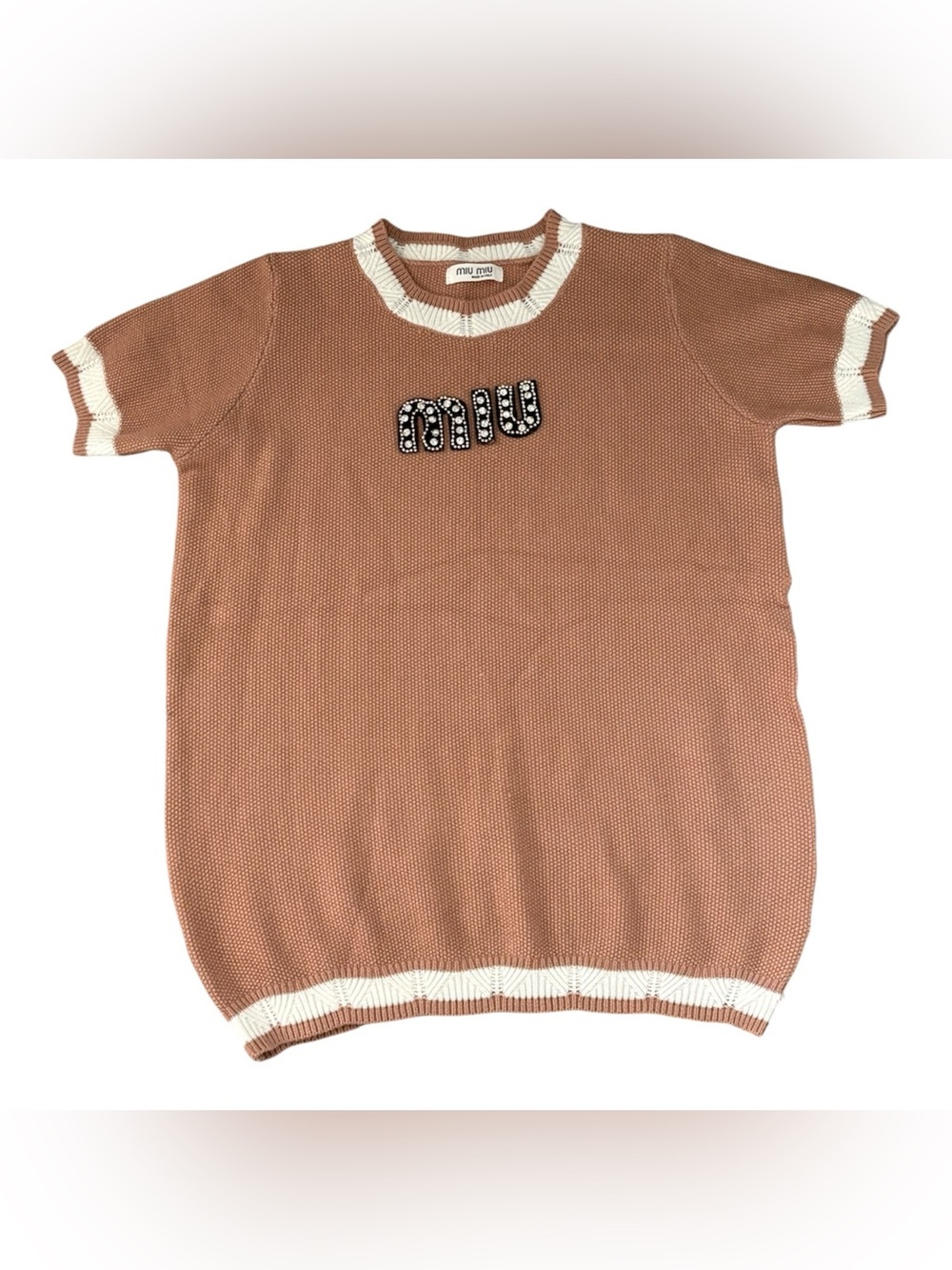 Miu Miu Women’s Brown Solid Knit Crew Neck Short Sleeve Pullover Sweater M